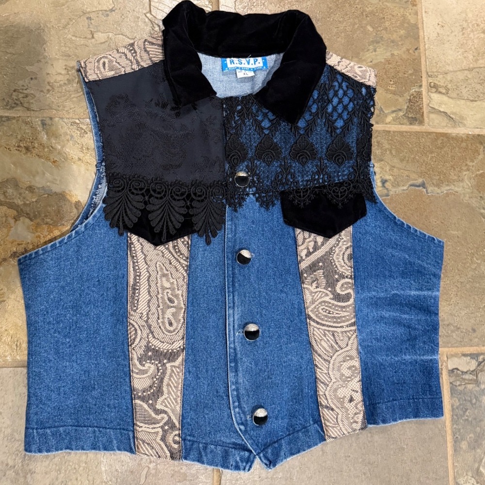 Vtg 80s 90s‎ Denim Vest XL Mixed Media Lace Velvet Paisley Patchwork Western L